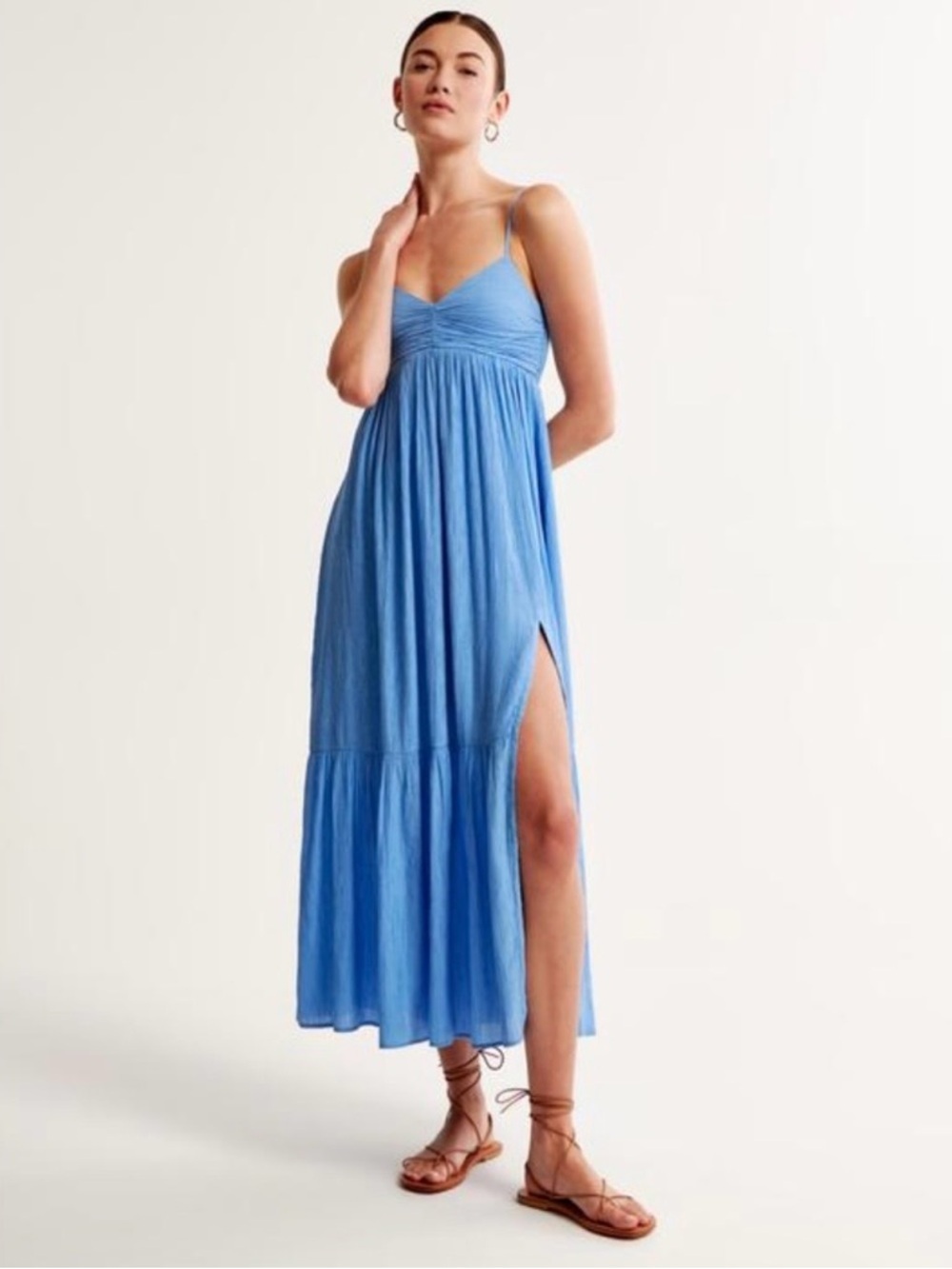 Abercrombie & Fitch Crinkle Textured Ruched Maxi Dress in Blue Size XS - Picture 1 of 9